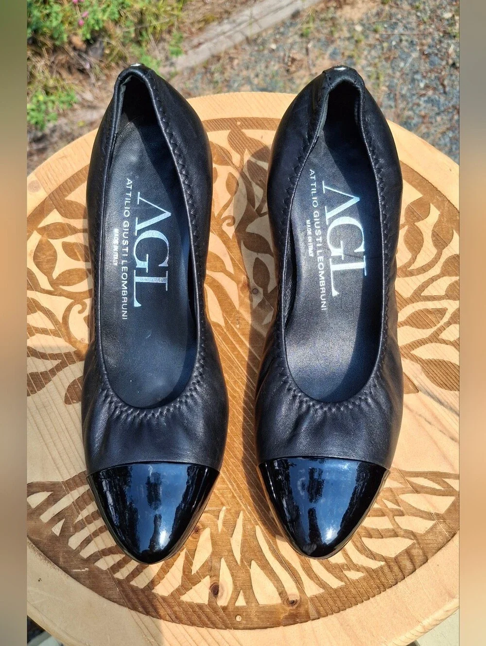 AGL Attilio Giusti Leombruni Classic Black Leather Cap Toe Block Heel Pumps 7.5